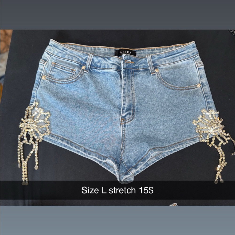 AKIRA Light Blue Jean Shorts with Pearl Details